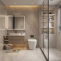 Modern Bathroom Interior With Glass Shower Wall Mounted Vanity Backlit Mirror And Marble Walls