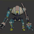 Robot Character Featuring Mechanical Design With Pink Blue Yellow Components And Articulated Limbs