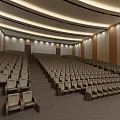Modern Conference Room With Stage Large Screen Red Curtains And Arranged Seats