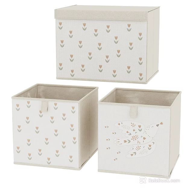 Beige Fabric Storage Boxes With Tulip And Dove Patterns For Organizing 3d model