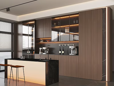 Modern Wooden Sideboard With Glass Doors Lighting And Bar Counter Stools 3d model