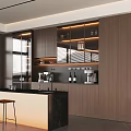 Modern Wooden Sideboard With Glass Doors Lighting And Bar Counter Stools