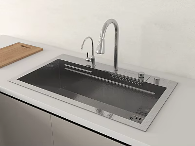 Stainless Steel Kitchen Sink With Pull Out Faucet Wooden Cutting Board On White Countertop 3d model