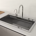 Stainless Steel Kitchen Sink With Pull Out Faucet Wooden Cutting Board On White Countertop
