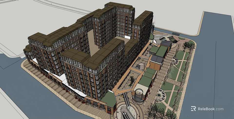 Modern Waterfront Commercial Complex With Multi Storey Buildings Plaza And Green Spaces 3d model 