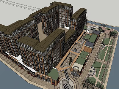 Modern Waterfront Commercial Complex With Multi Storey Buildings Plaza And Green Spaces 3d model