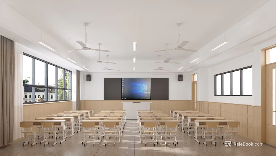 Bright School Classroom Interior With Rows Of Desks Projector Screen Ceiling Fans And Windows 3d model 