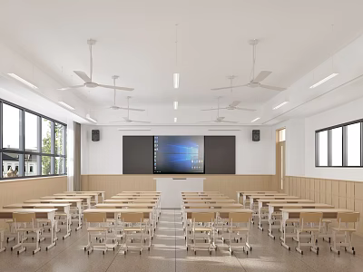 Bright School Classroom Interior With Rows Of Desks Projector Screen Ceiling Fans And Windows 3d model