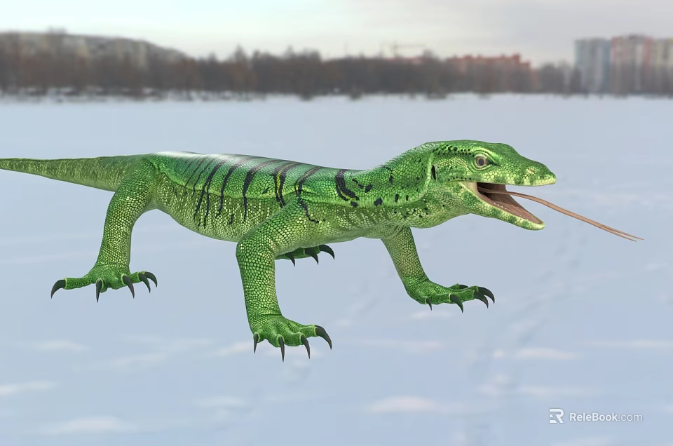 Green Lizard With Open Mouth Flicking Tongue On Snowy Background With Distant Trees And Buildings 3d model 