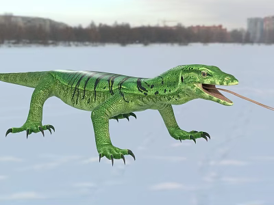 Green Lizard With Open Mouth Flicking Tongue On Snowy Background With Distant Trees And Buildings 3d model