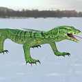 Green Lizard With Open Mouth Flicking Tongue On Snowy Background With Distant Trees And Buildings