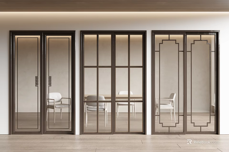 Modern Interior Sliding Doors Featuring Different Designs Glass Panels And Dining View 3d model 