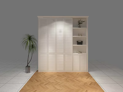 Minimalist Modern White Louvered Cabinet With Shelves Potted Plant And Herringbone Floor 3d model