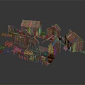 Dilapidated Wooden Houses with Various Structures and Scattered Wooden Components in Ruined Architectural Setup 3d model