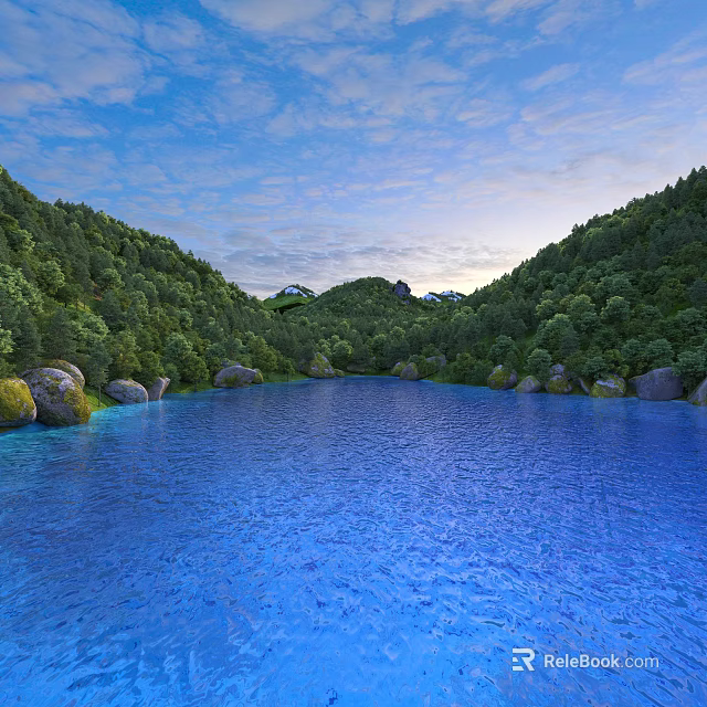 Calm Blue Lake Surrounded by Lush Green Forested Hills and Cloudy Sky With Stone Shores 3d model 