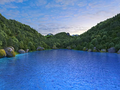 Calm Blue Lake Surrounded by Lush Green Forested Hills and Cloudy Sky With Stone Shores 3d model