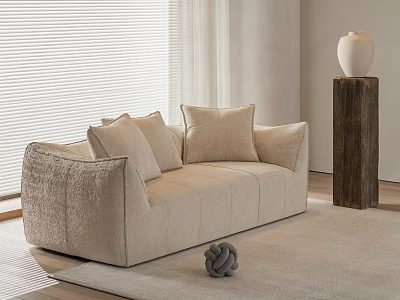 Beige Two Seater Sofa with Soft Cushions on Light Rug Near Window Blinds and White Vase on Wooden Pedestal 3d model