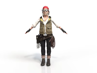 A Man Wearing Red Cap Glasses Vest Pants and Tool Belt Standing with Arms Outstretched 3d model