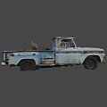 Old Blue Rusty Pickup Truck With Damaged Windows And Rusted Body Panels