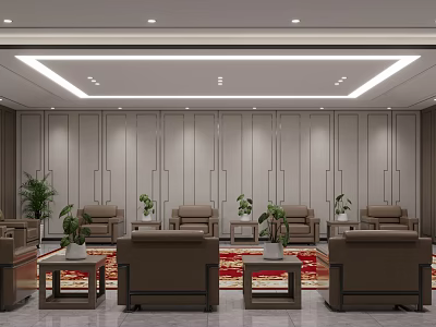 Elegant Hotel Public Lounge With Comfortable Sofas Coffee Tables Plants Red Rug And Wall Design 3d model