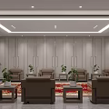 Elegant Hotel Public Lounge With Comfortable Sofas Coffee Tables Plants Red Rug And Wall Design