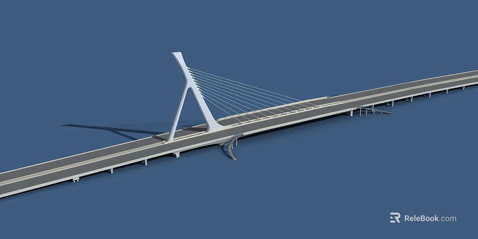 Modern Cable Stayed Bridge With White Pylon And Gray Deck In Blue Sky Background 3d model 
