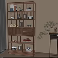 Traditional Wooden Cabinet With Drawers Books Teapots Decorative Items And Bonsai Tree