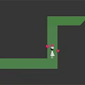 Cartoon Scene Featuring Green Geometric Structure Small White Character With Pink Decorations On Black Background