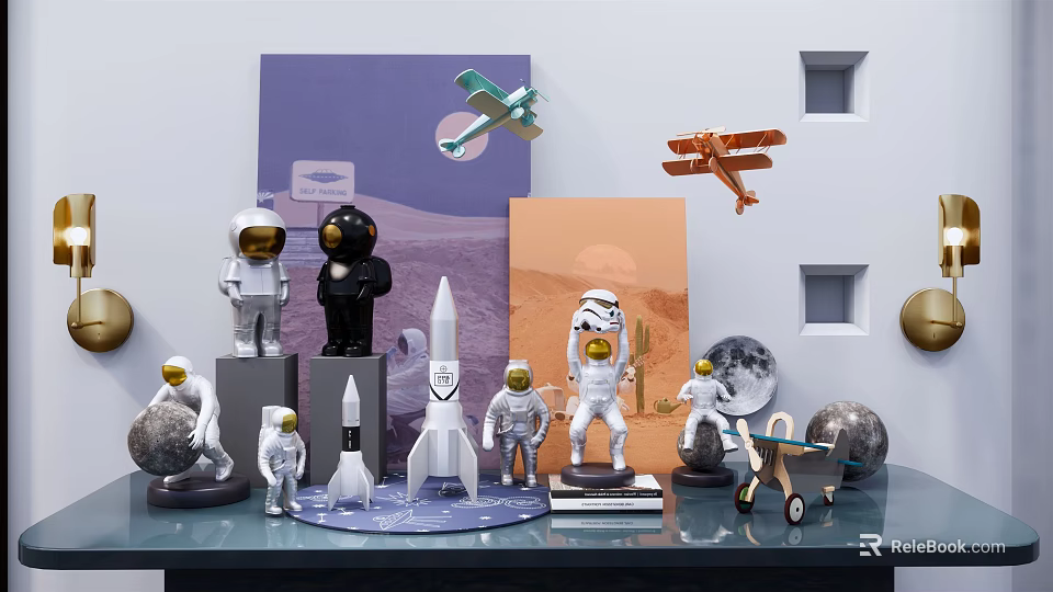 Space Theme Decorative Ornament Set With Astronaut Rocket Planet And Airplane Models 3d model