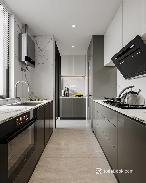 Elegant Light Luxury Kitchen Interior With Marble Countertop Cabinets And Appliances 3d model 