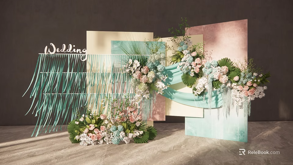Wedding Decor With Pastel Backdrops Fringe And Colorful Flower Arrangements 3d model 