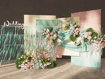 Wedding Decor With Pastel Backdrops Fringe And Colorful Flower Arrangements 3d model