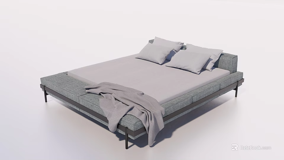 Modern Gray Double Bed With Metal Legs Two Pillows And Blanket 3d model 