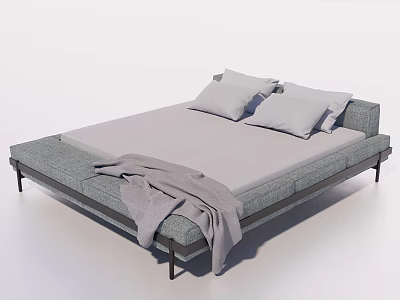 Modern Gray Double Bed With Metal Legs Two Pillows And Blanket 3d model