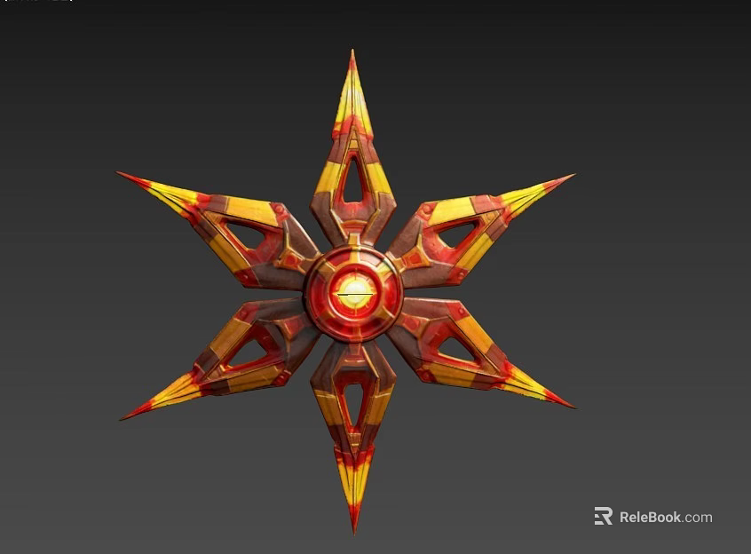 Star Shaped Sculpture Carving With Red Yellow Geometric Design And Central Glowing Circle 3d model 