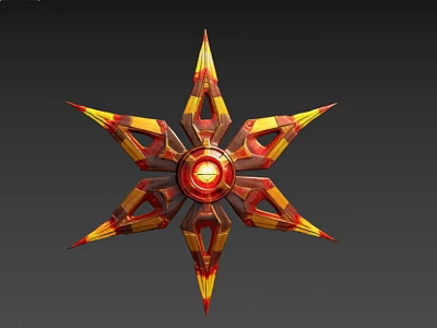 Star Shaped Sculpture Carving With Red Yellow Geometric Design And Central Glowing Circle 3d model