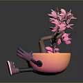 Cute Cartoon Potted Plant With Smiling Face Arms Legs And Pink Flowers