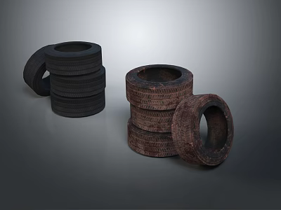 Stacked And Single Old Rubber Tires With Worn Surfaces On Gray Background 3d model