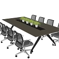 Modern Conference Room Interior with Long Wooden Table Green Plants and Wheeled Office Chairs