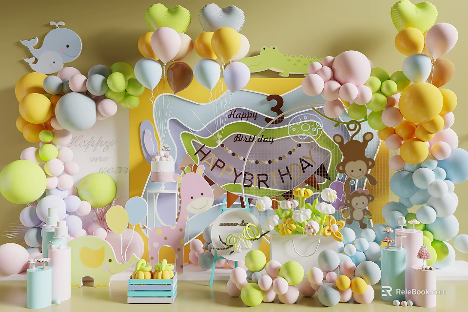 Colorful Heart Shaped and Round Balloons for 2nd Birthday Party Decorations with Cartoon Elements 3d model 