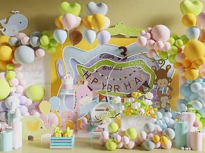 Colorful Heart Shaped and Round Balloons for 2nd Birthday Party Decorations with Cartoon Elements 3d model