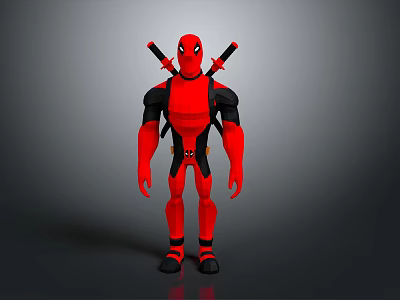 Red Superhero Character With Black Accents And Dual Katanas On Back Standing Pose 3d model