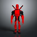 Red Superhero Character With Black Accents And Dual Katanas On Back Standing Pose
