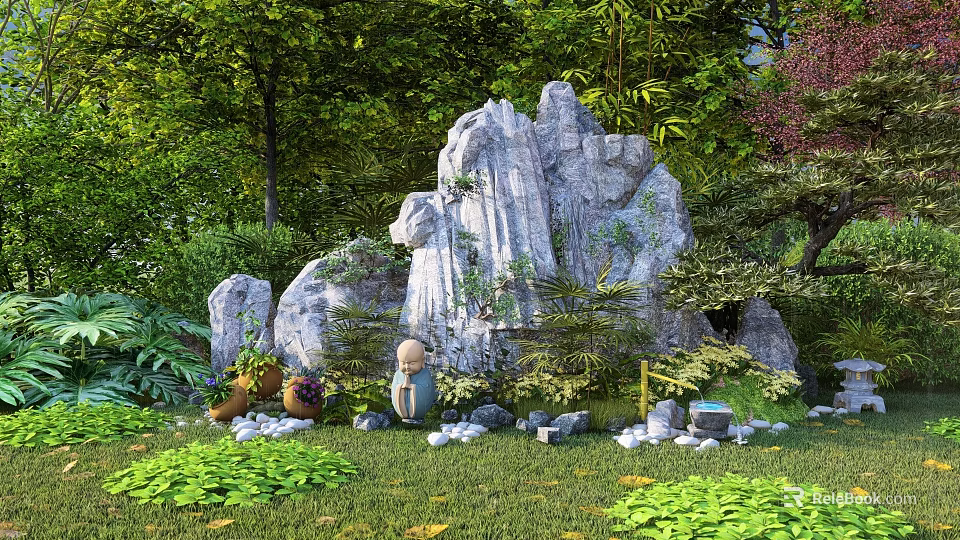 Garden Ornament Display With Rock Formations Green Plants Terracotta Pots Bamboo And Grass 3d model 