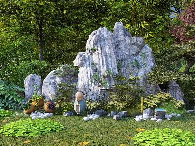 Garden Ornament Display With Rock Formations Green Plants Terracotta Pots Bamboo And Grass 3d model