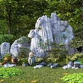 Garden Ornament Display With Rock Formations Green Plants Terracotta Pots Bamboo And Grass