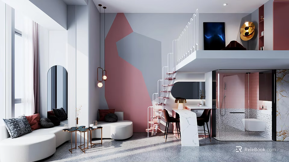 Modern Apartment with Pink Gray Geometric Wall White Staircase Red Steps and Open Living Area 3d model 