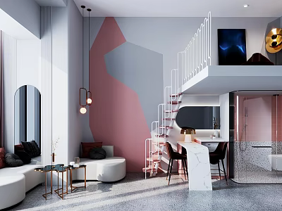 Modern Apartment with Pink Gray Geometric Wall White Staircase Red Steps and Open Living Area 3d model