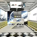 Public Office Space With Black White Checkered Floor Yellow Warning Stripes Tables Chairs And Screens
