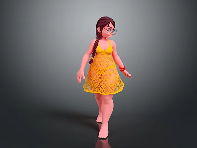 Girl Character With Brown Braid Glasses Yellow Lace Dress Barefoot On Gray Gradient Background 3d model
